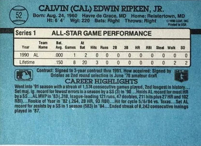 1991 Donruss Calvin (Cal) Edwin Ripken Jr. Baseball Card #52