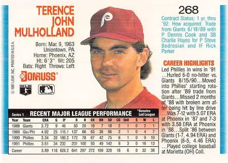 1992 Donruss Terence John Mulholland Baseball Card #268