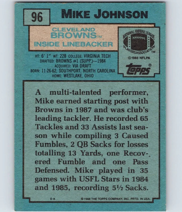 1988 Topps Mike Johnson Football Card #96