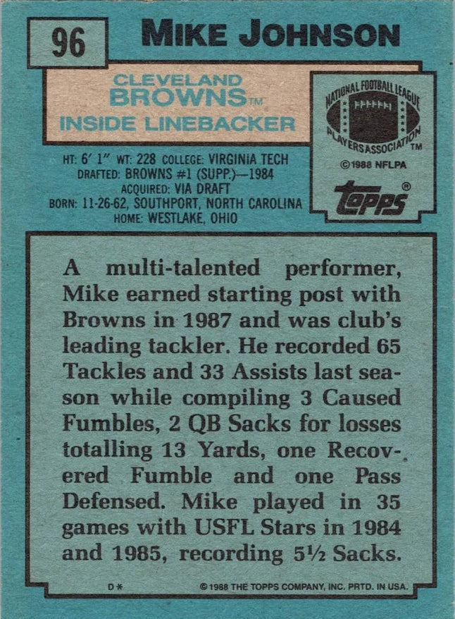 1988 Topps Mike Johnson Football Card #96