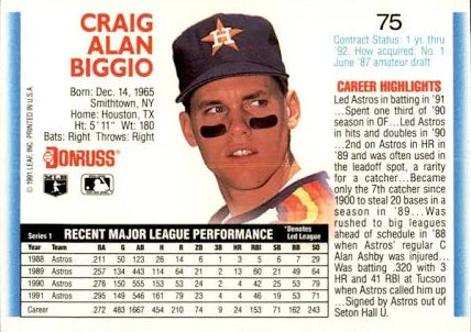 1992 Donruss Craig Alan Biggio Baseball Card #75
