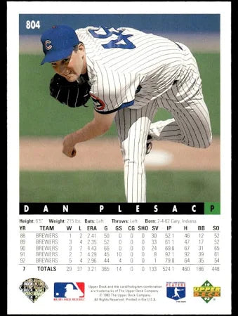 1993 Upper Deck Dan Plesac Baseball Card #804