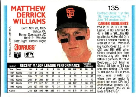 1992 Donruss Matthew Derrick Williams Baseball Card #135