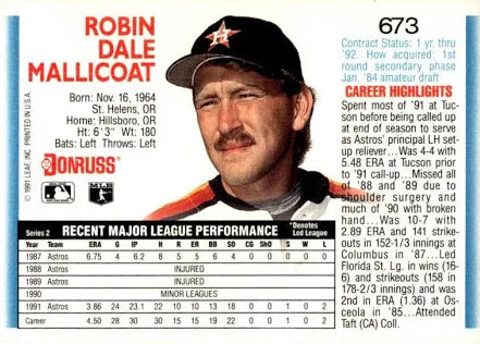 1992 Donruss Robin Dale Mallicoat Baseball Card #673