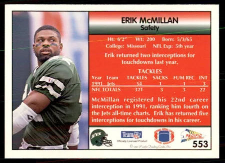 1992 Pacific Erik McMillan Football Card #553
