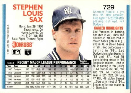 1992 Donruss Stephen Louis Sax Baseball Card #729