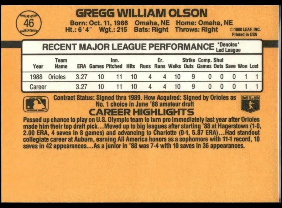 1989 Donruss Gregg William Olson Baseball Card #46