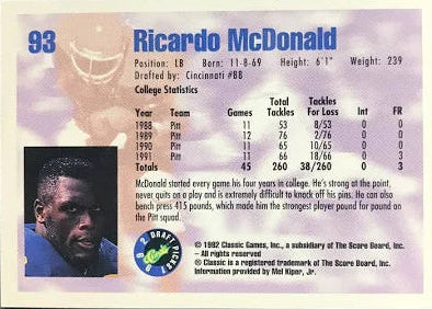 1992 Classic Draft Picks Ricardo McDonald Football Card #93
