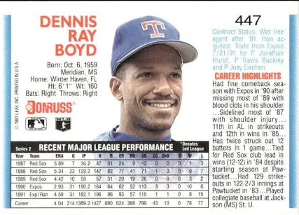 1992 Donruss Dennis Ray Boyd Baseball Card #447