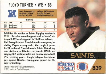 1991 NFL Pro Set Floyd Turner Football Card #839
