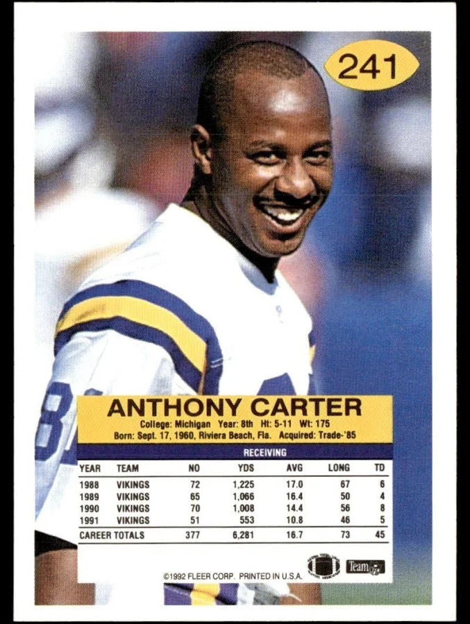 1992 Fleer Anthony Carter Football Card #241