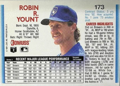 1992 Donruss Robin R. Yount Baseball Card #173