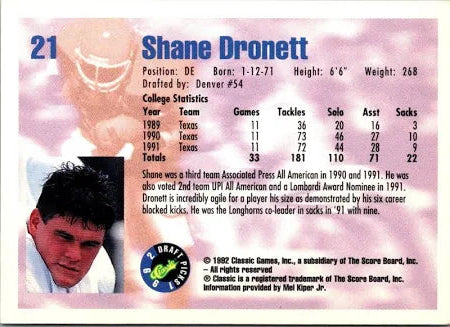 1992 Classic Draft Picks Shane Dronett Football Card #21