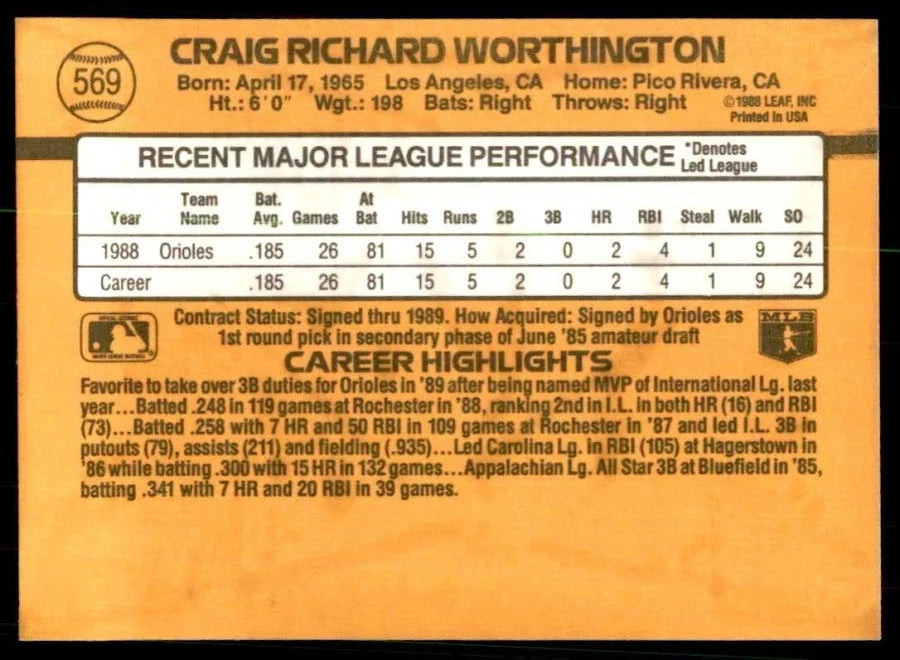 1989 Donruss Craig Richard Worthington Baseball Card #569