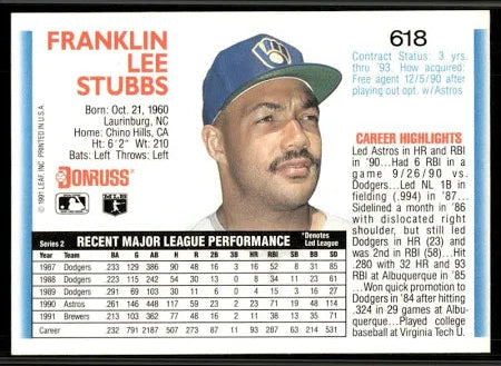 1992 Donruss Franklin Lee Stubbs Baseball Card #618