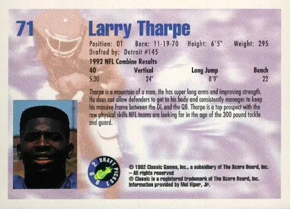 1992 Classic Draft Picks Larry Tharpe Football Card #71