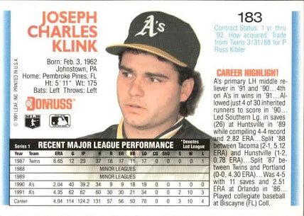 1992 Donruss Joseph Charles Klink Baseball Card #183