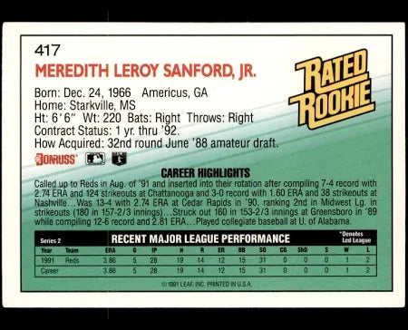 1992 Donruss Rated Rookie Meredith Leroy Sanford Jr. Baseball Card #417