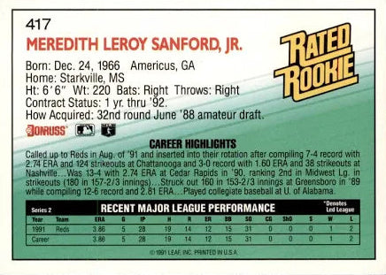 1992 Donruss Rated Rookie Meredith Leroy Sanford Jr. Baseball Card #417