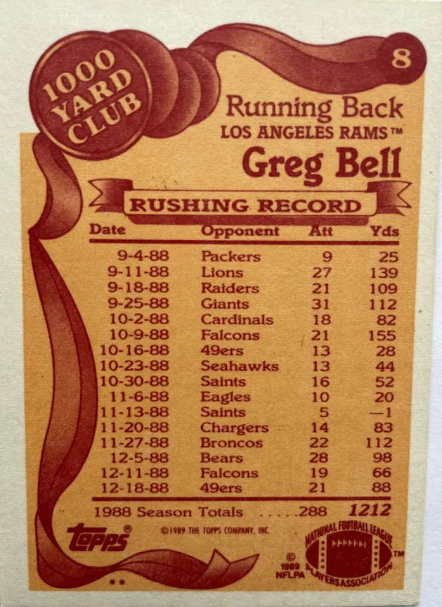 1989 Topps 1000 Yard Club Greg Bell Football Card #8