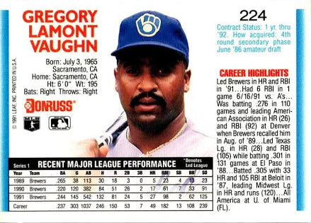1992 Donruss Gregory Lamont Vaugn Baseball Card #224