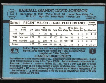 1991 Donruss Randall (Randy) David Johnson Baseball Card #134
