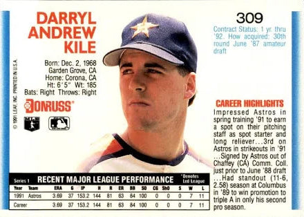 1992 Donruss Darryl Andrew Kile Baseball Card #309