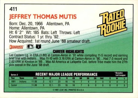 1992 Donruss Rated Rookie Jeffrey Thomas Mutis Baseball Card #411