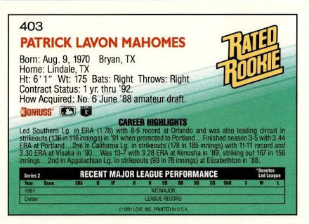 1992 Donruss Rated Rookie Patrick Lavon Mahomes Baseball Card #403