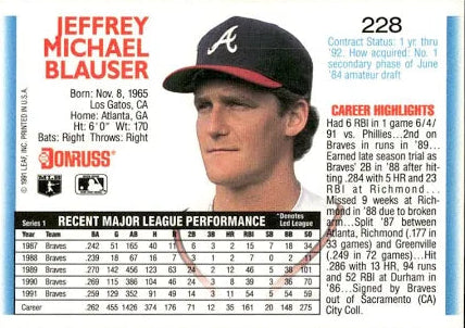 1992 Donruss Jeffrey Michael Blauser Baseball Card #228