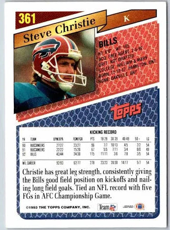 1993 Topps Steve Christie Football Card #361