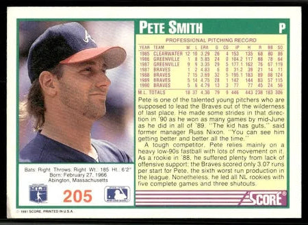 1991 Score Pete Smith Baseball Card #205
