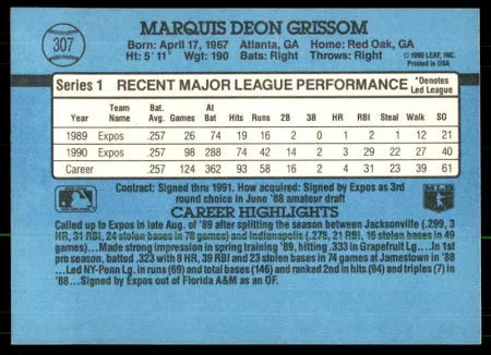 1991 Donruss Marquis Deon Grissom Baseball Card #307