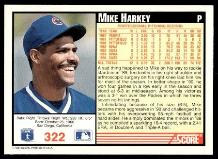 1991 Score Mike Harkey Baseball Card #322