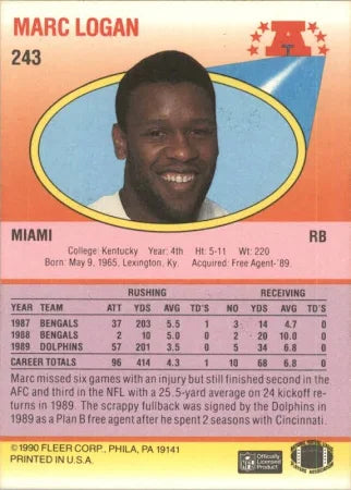 1990 Fleer Marc Logan Football Card #243