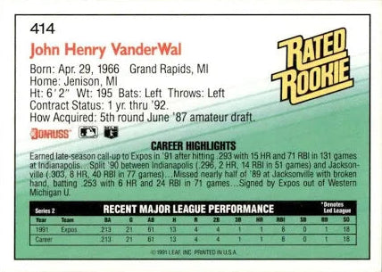 1992 Donruss Rated Rookie John Henry VanderWal Baseball Card #414