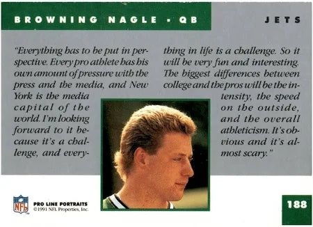 1991 NFL Pro Line Portraits Browning Nagle Football Card #188