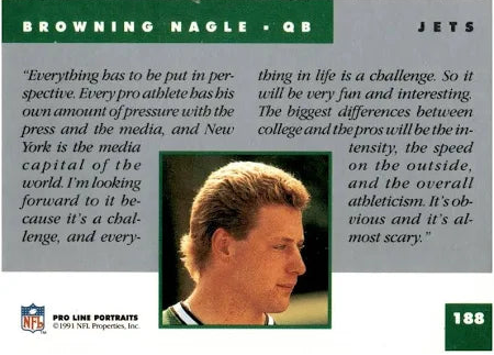 1991 NFL Pro Line Portraits Browning Nagle Football Card #188