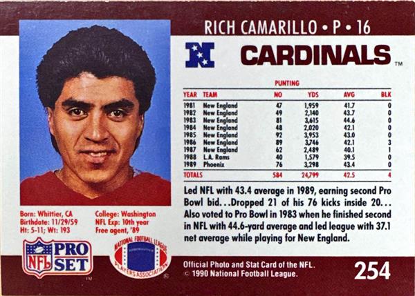 1990 NFL Pro Set Rich Camarillo Football Card #254