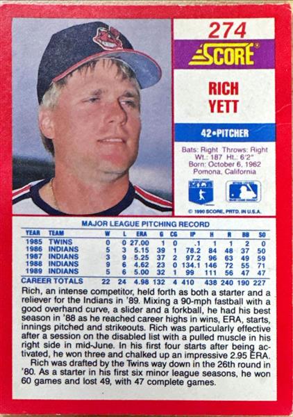 1990 Score Rich Yett Baseball Card #274