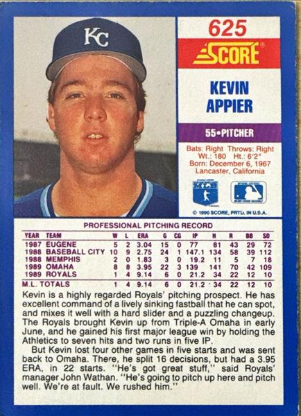 1990 Score Kevin Appier Baseball Card #625