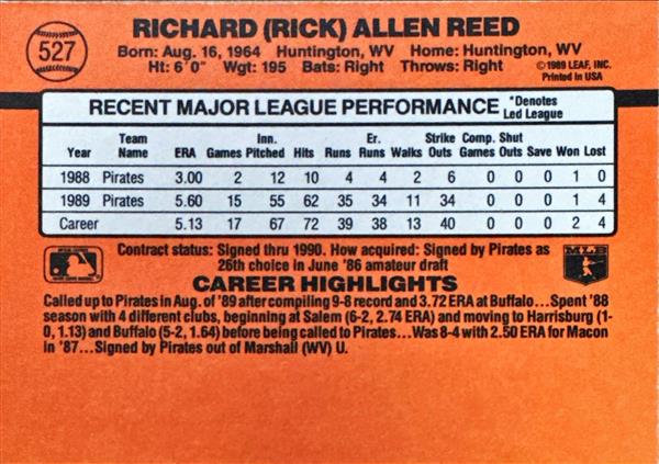 1990 Donruss Richard (Rick) Allen Reed Baseball Card #527