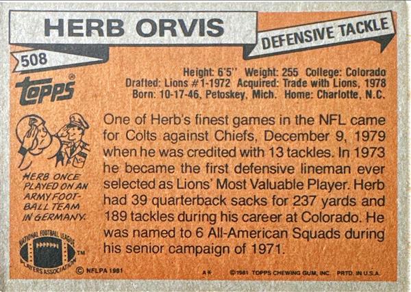 1981 Topps Herb Orvis Football Card #508