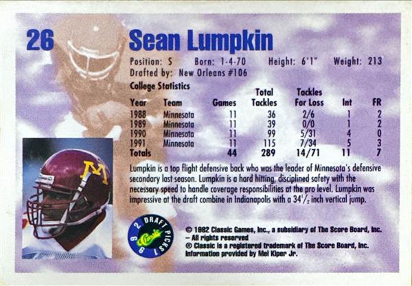 1992 Classic Draft Picks Sean Lumpkin Football Card #26