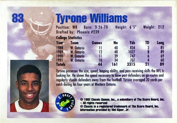 1992 Classic Draft Picks Tyrone Williams Football Card #83