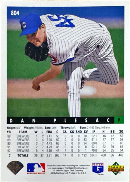 1993 Upper Deck Dan Plesac Baseball Card #804