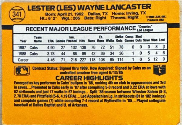 1989 Donruss Lester (Les) Wayne Lancaster Baseball Card #341