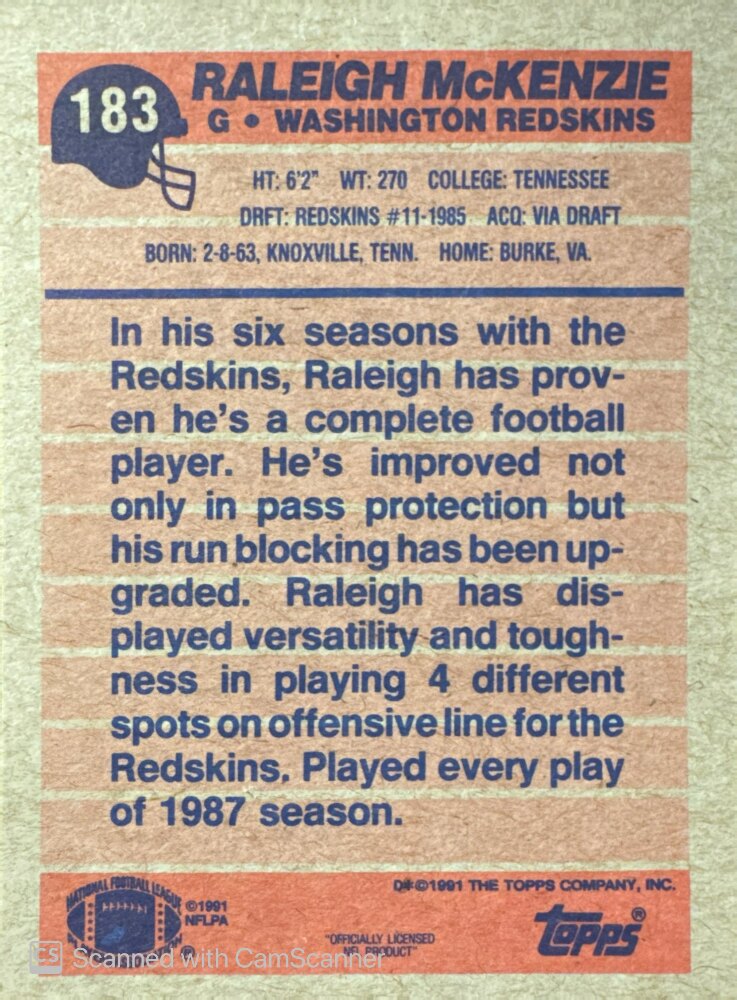 1991 Topps Raleigh McKenzie Football Card #183