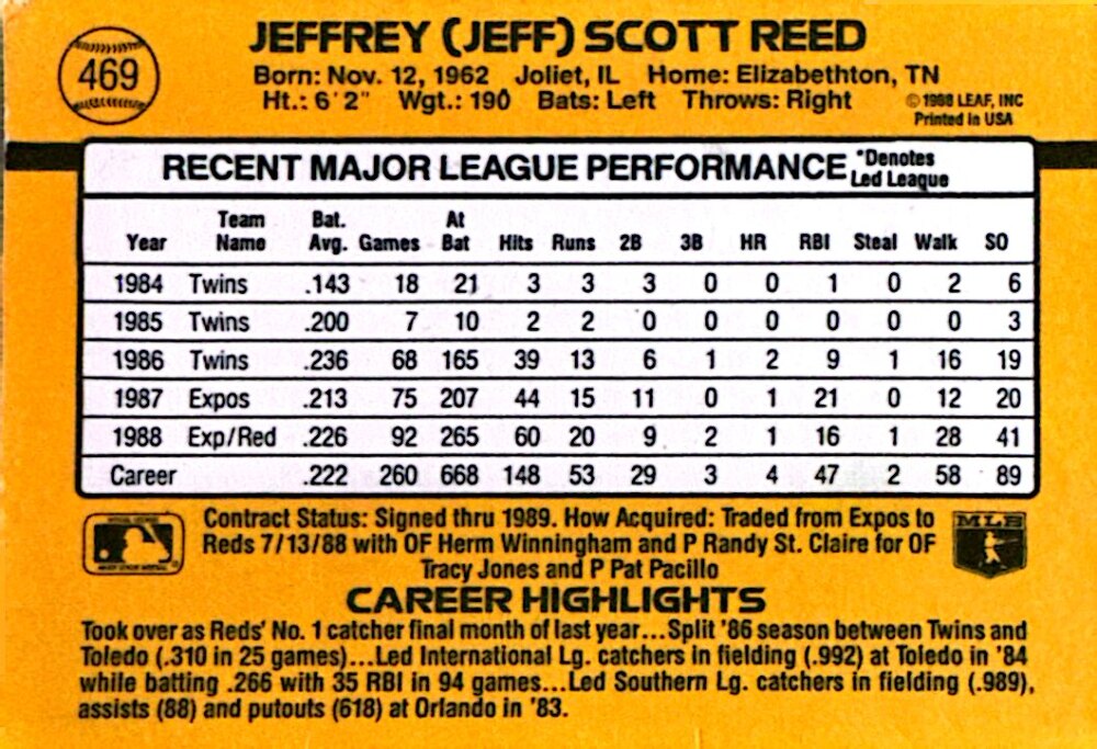 1989 Donruss Jeffrey (Jeff) Scott Reed Baseball Card #469