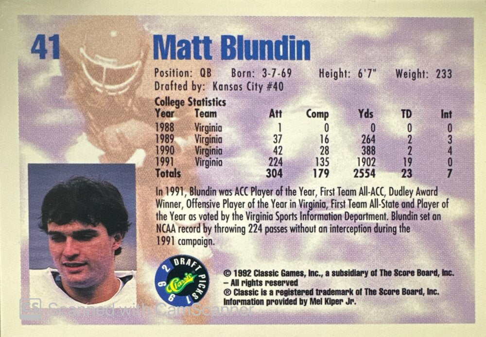 1992 Classic Draft Picks Matt Blundin Football Card #41